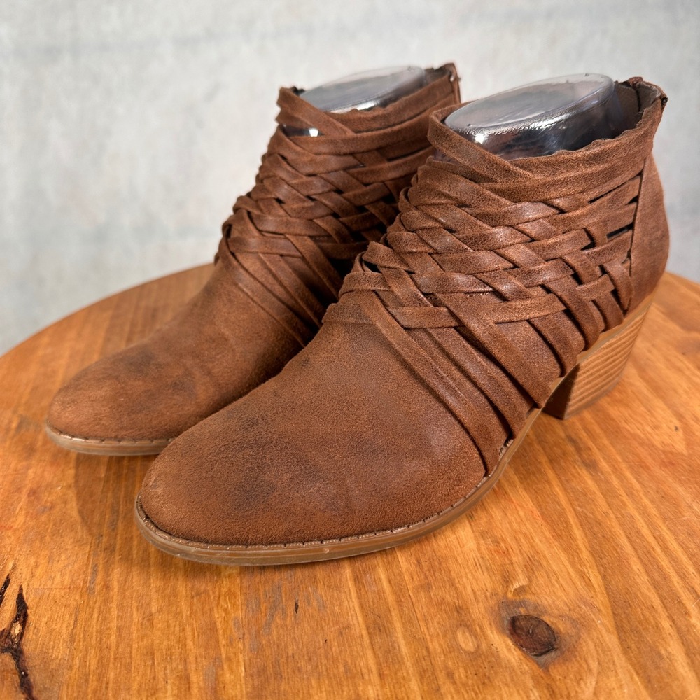 Fergalicious Ankle Boots Women 6.5 Brown Good Woven Strappy Stacked Heel Booties